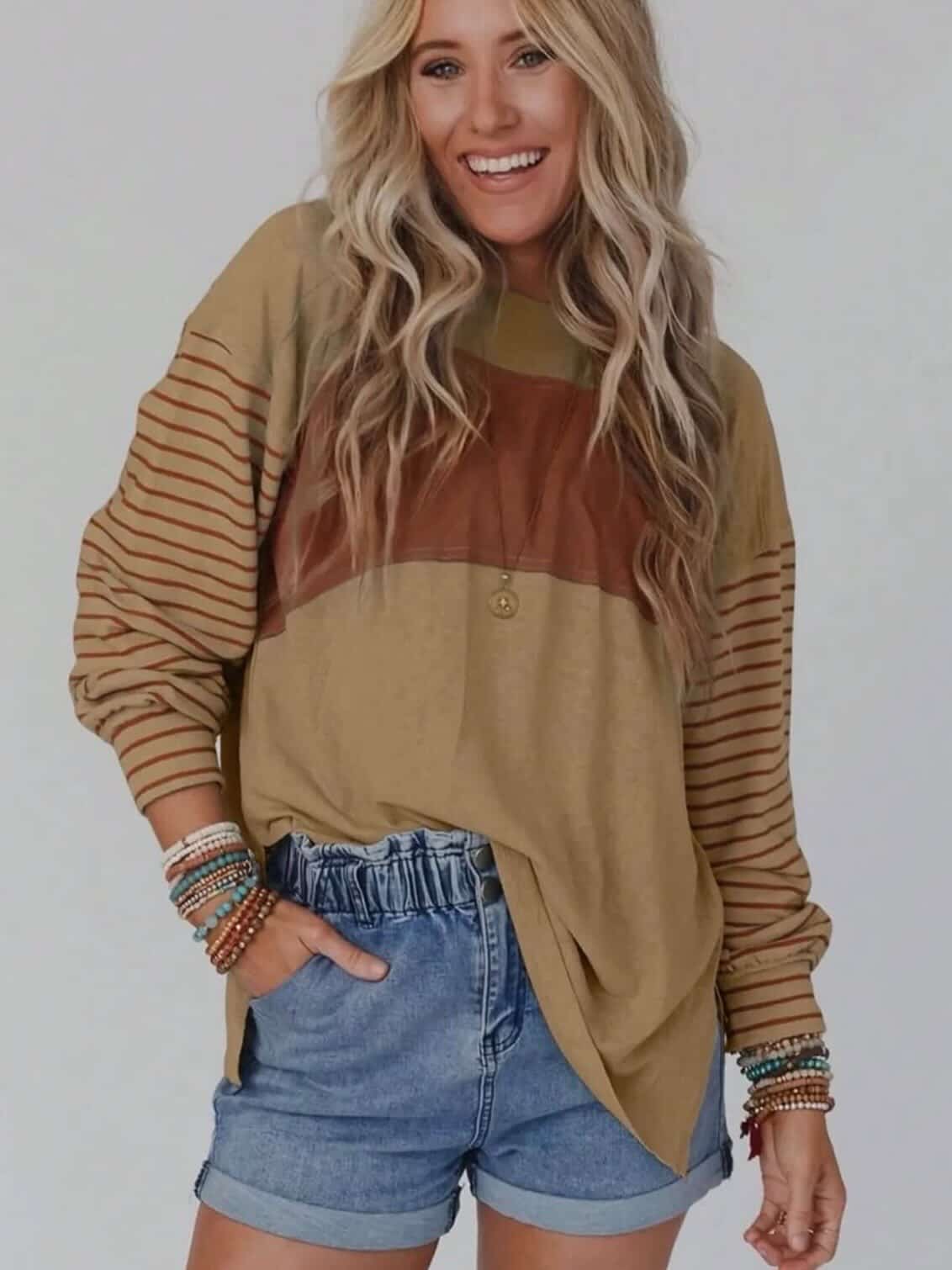 Striped Colorblock Long Sleeve Casual Top