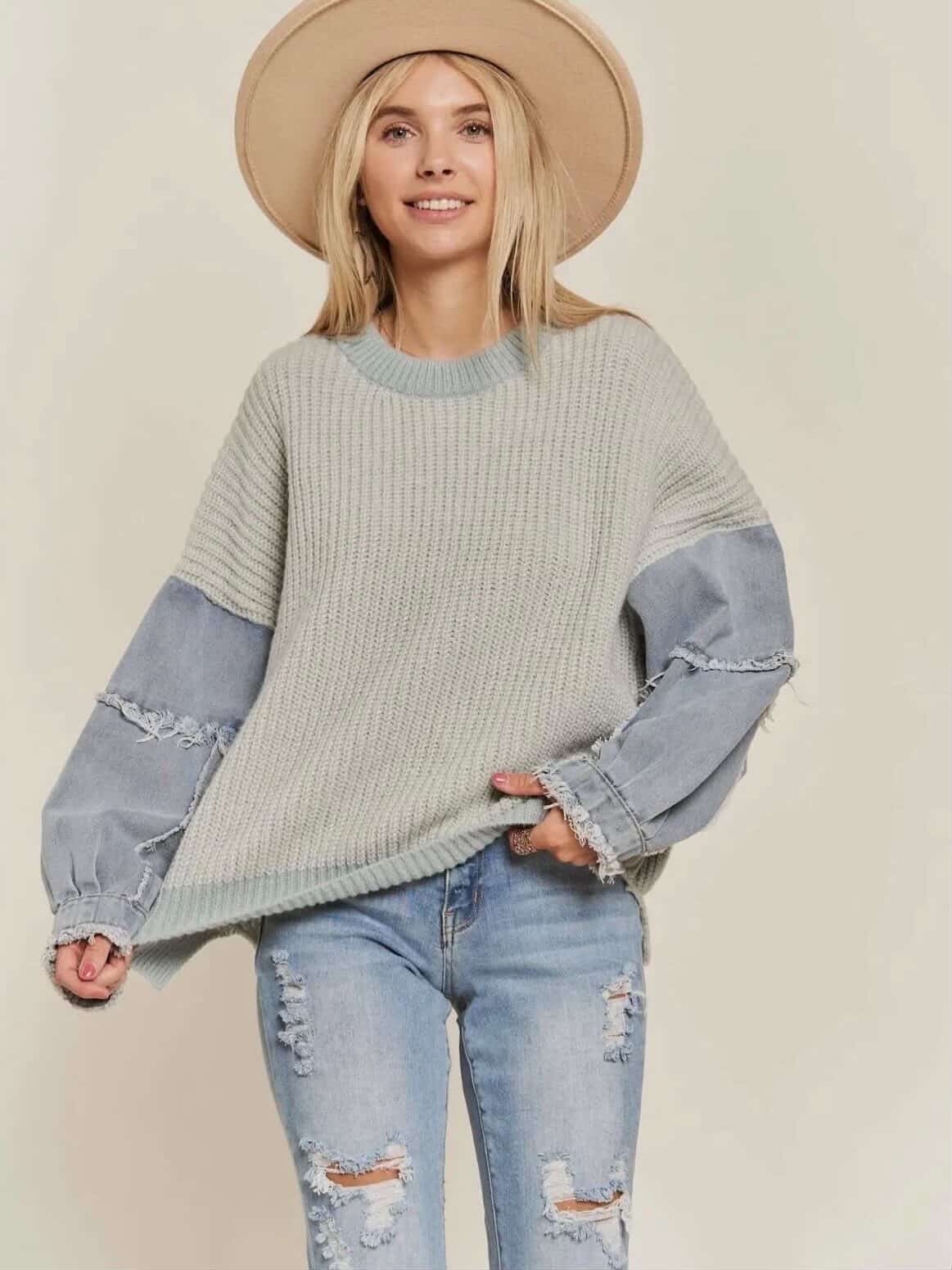 Blue Block Sweater With Jean Sleeves