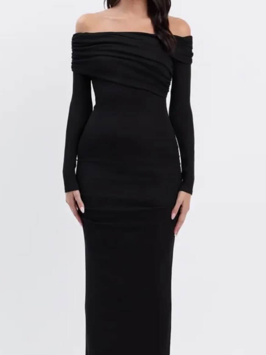 Ruched Long Sleeve Bardot Neckline Maxi Dress