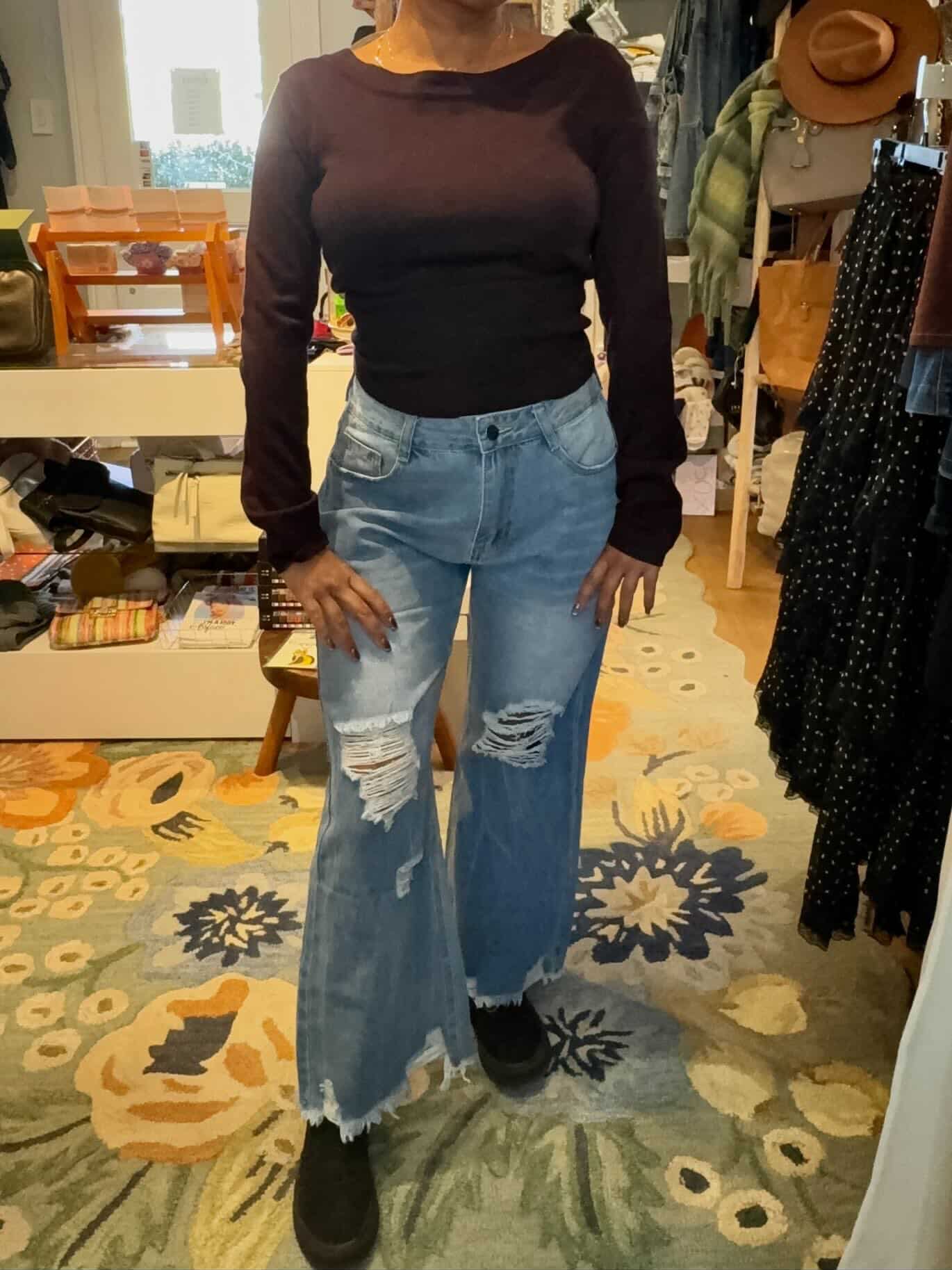 High Waisted Distressed Wide Leg Denim Pants