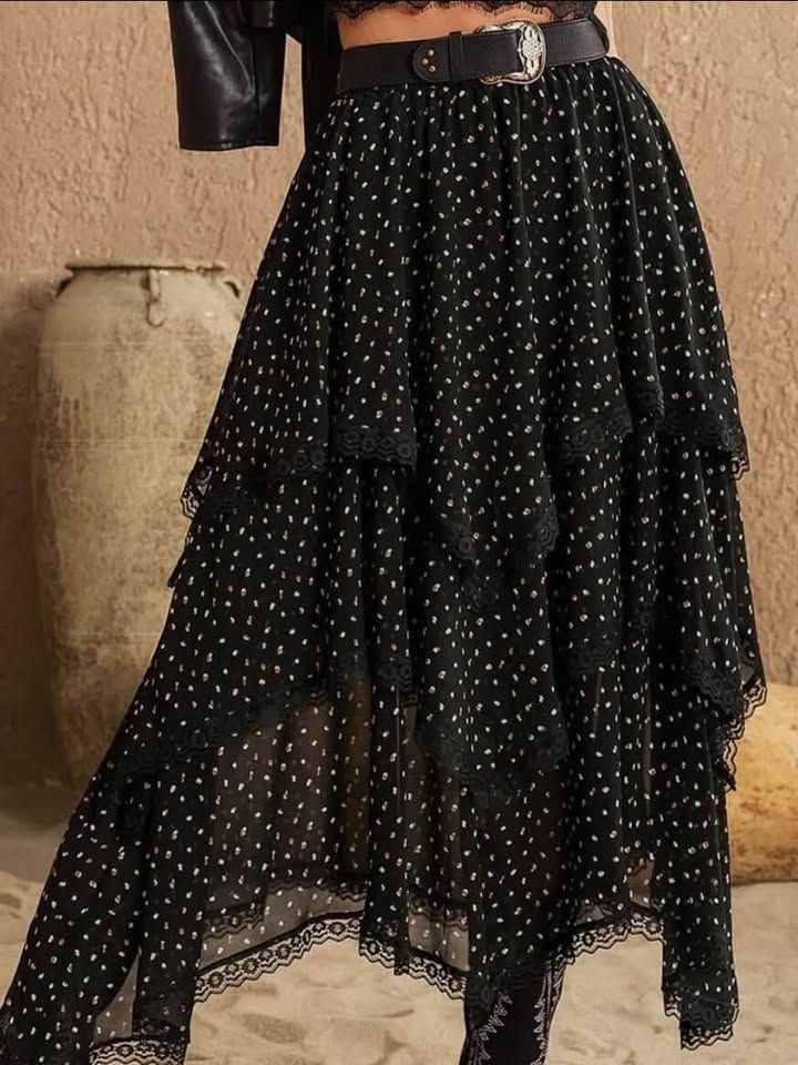 Lace Detail Layered Midi Skirt