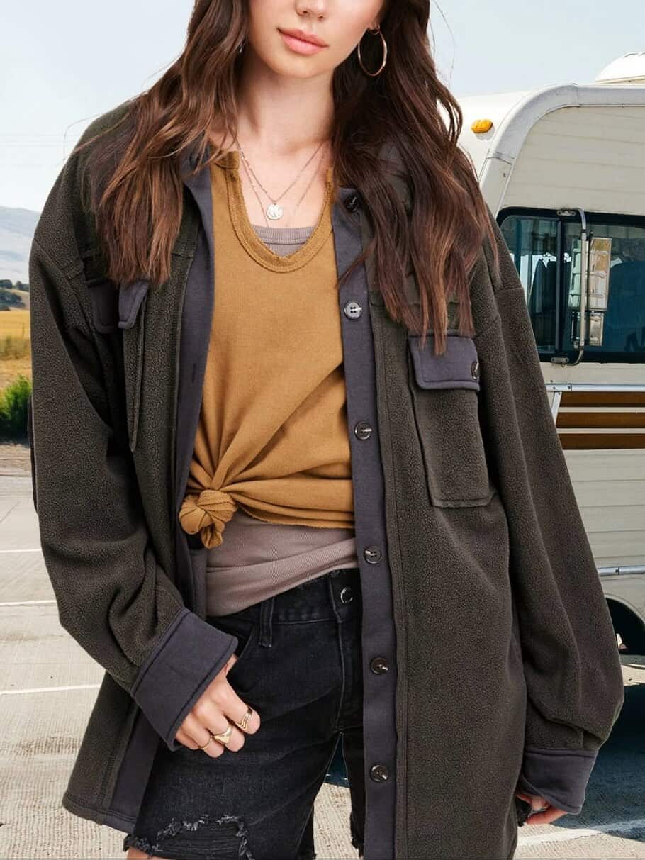 Brushed Button Down Long Sleeve Fleece Shacket