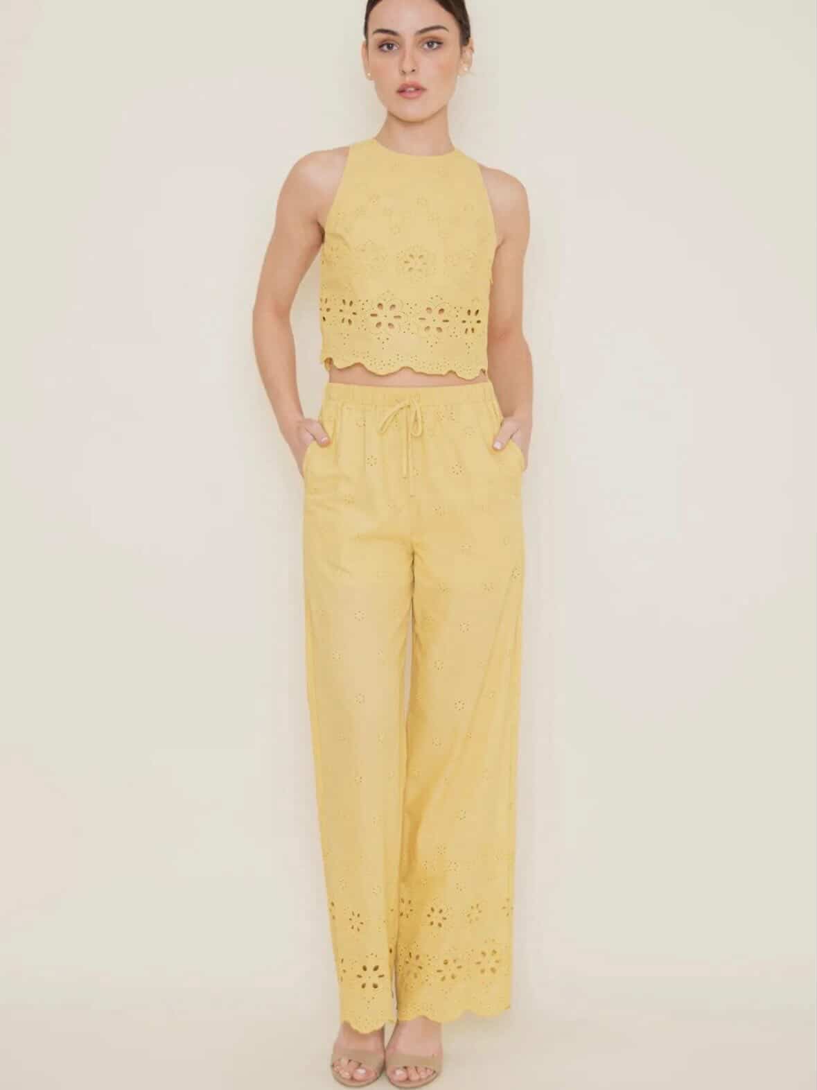 Flower Eyelet Embroidered Top and Pants Set