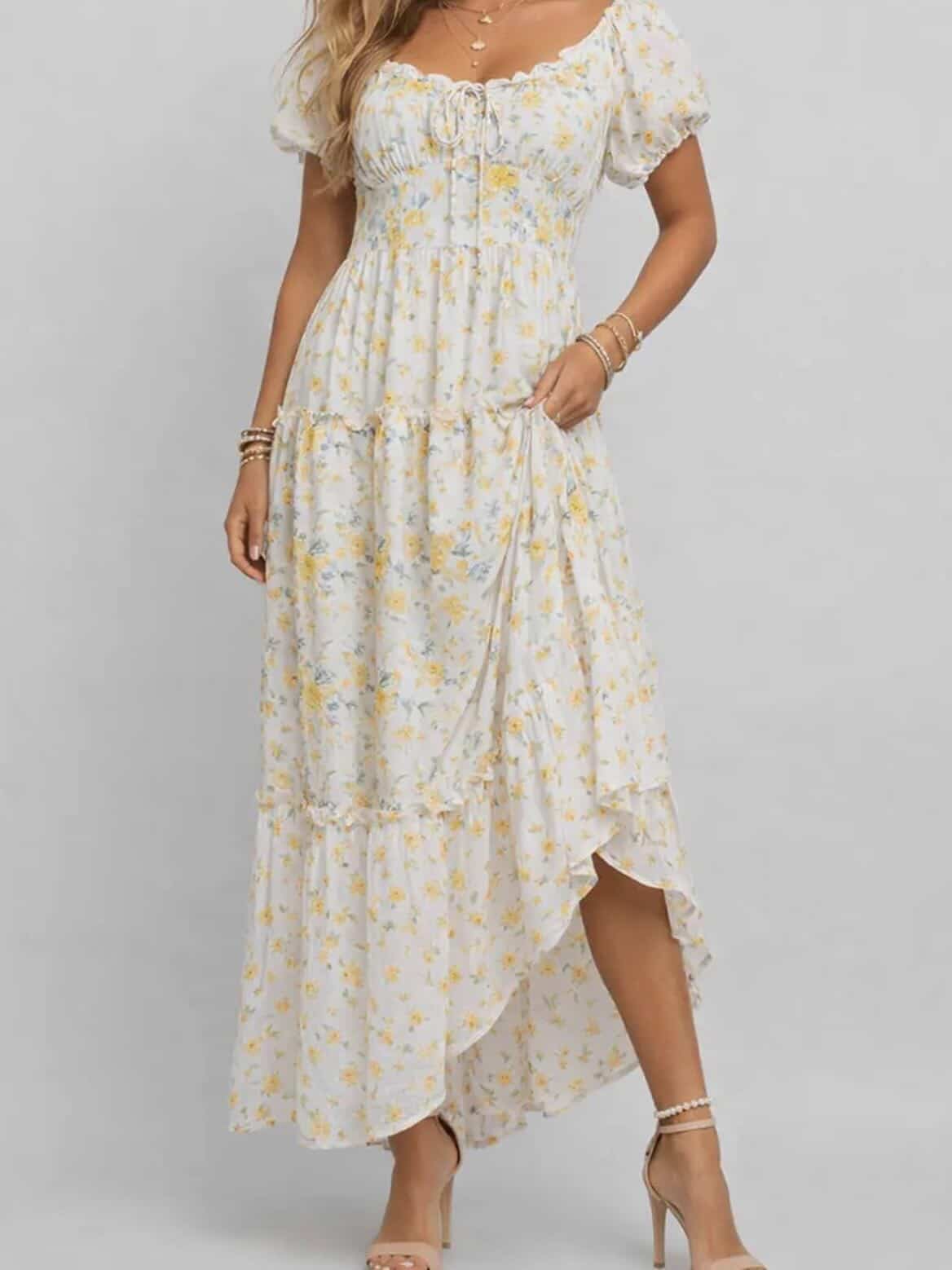 Floral Puff Sleeve Tiered Maxi Dress