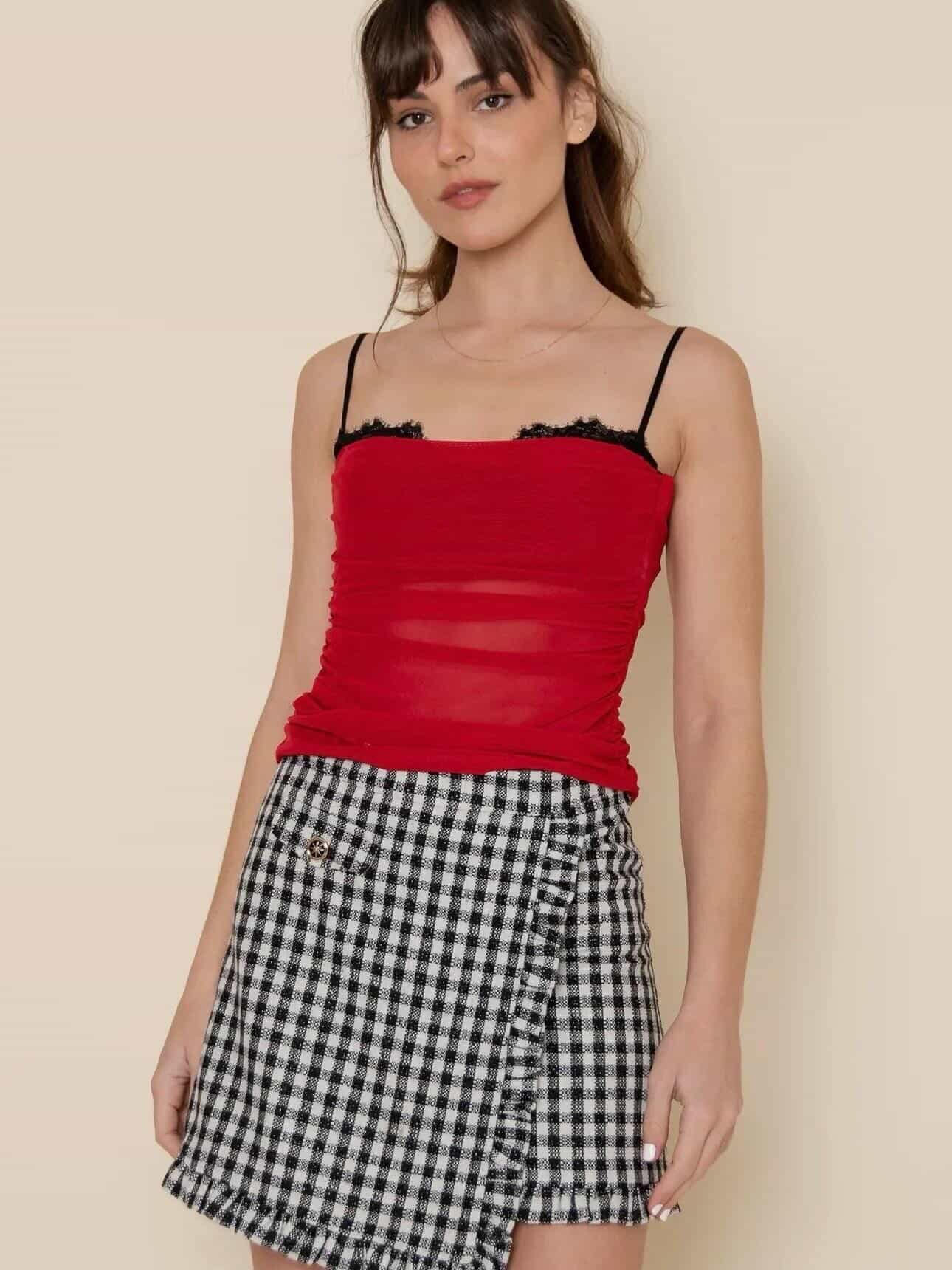 Mesh Red Top With Black Lace