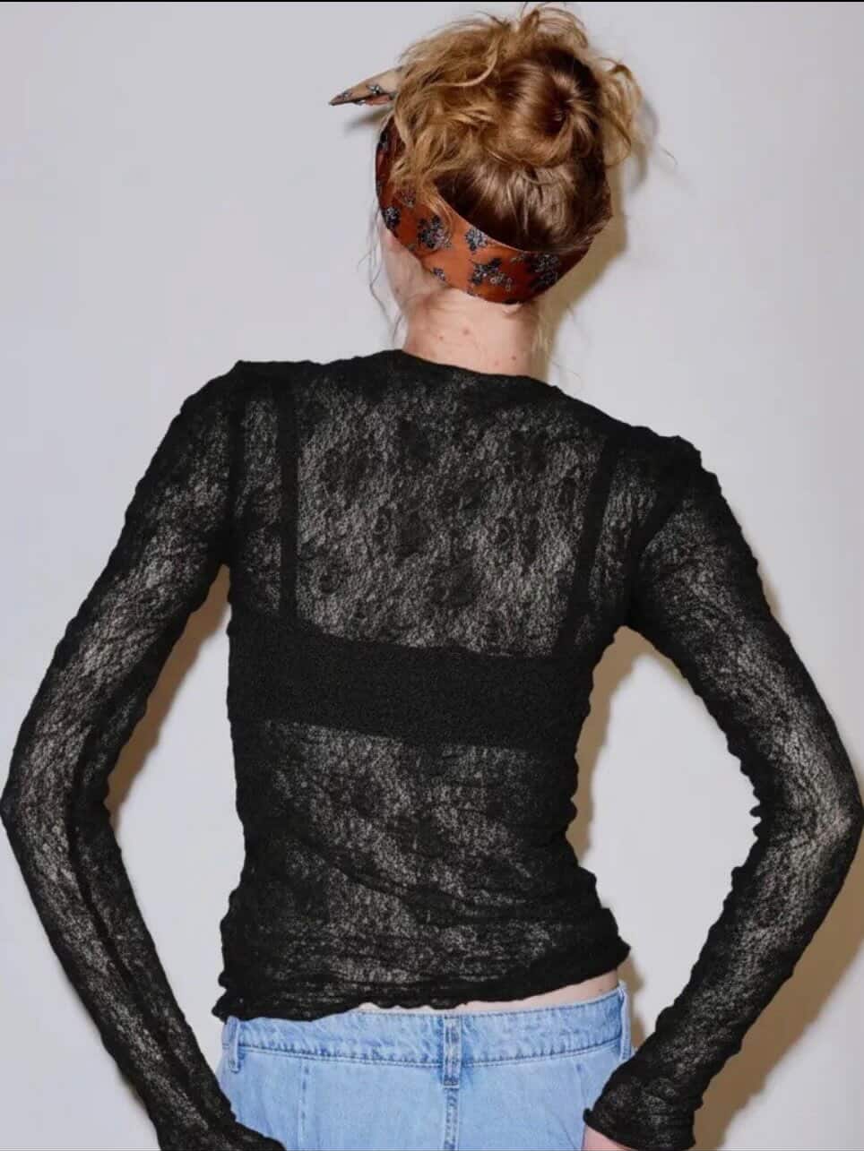 Crew Neck See-Through Lace Top - Image 2