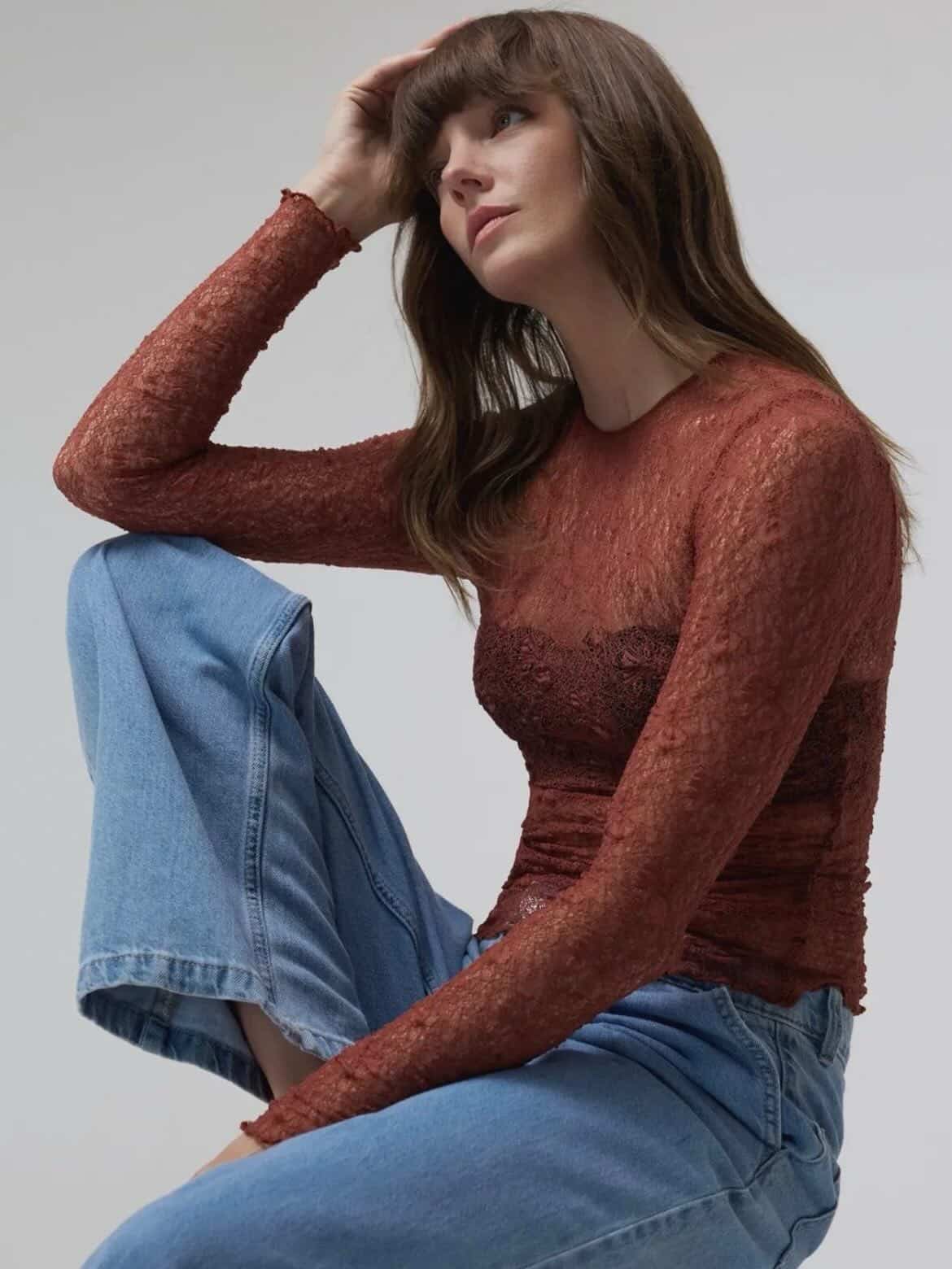 Crew Neck See-Through Lace Top - Image 4