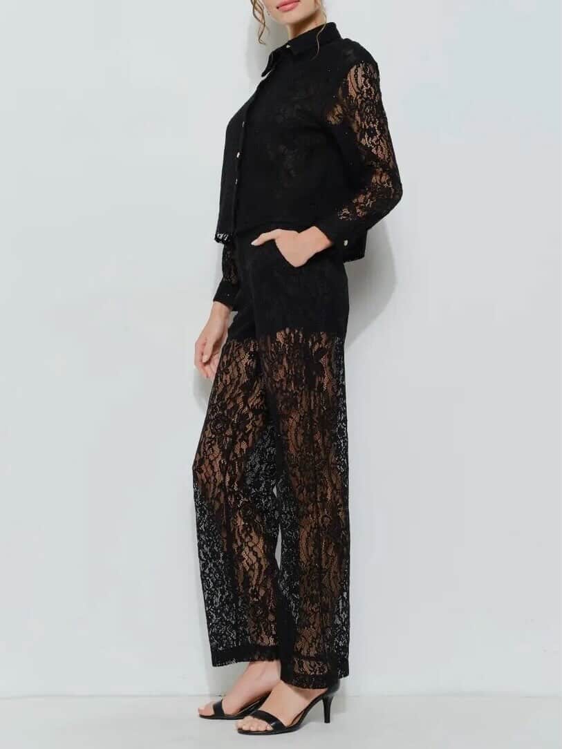 High Waist Sheer Lace Wide-Leg Pants