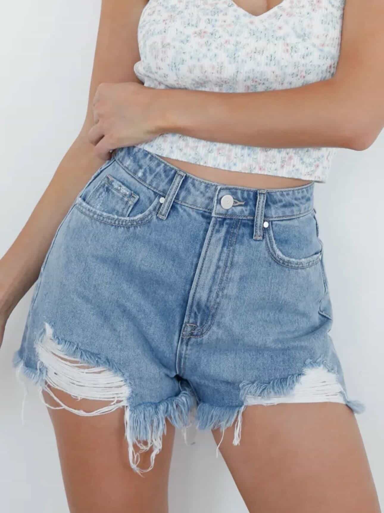 High Rise Ripped Frayed Hem Denim Shorts