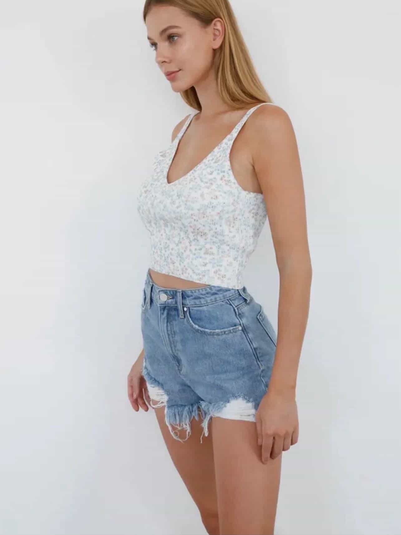 High Rise Ripped Frayed Hem Denim Shorts - Image 2