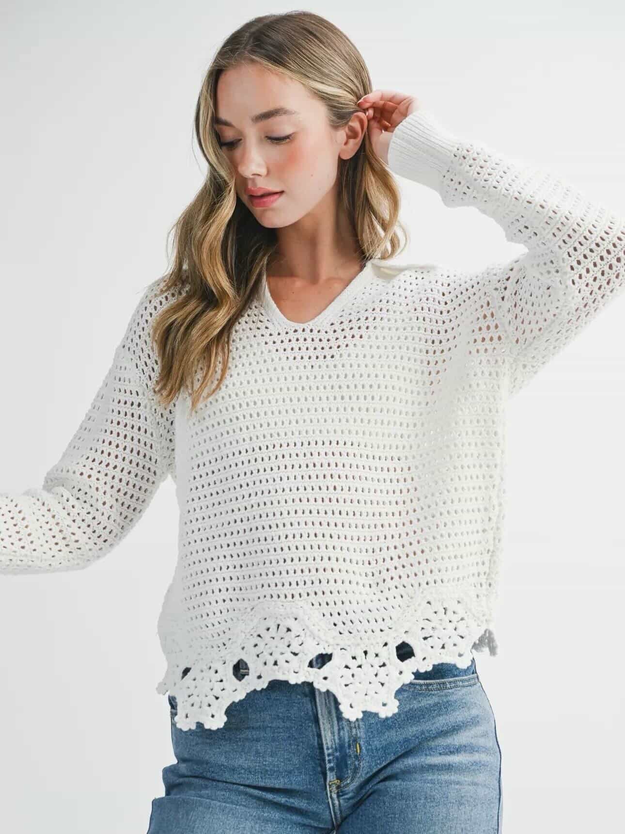 Open Knit Crochet Hem Pullover Sweater