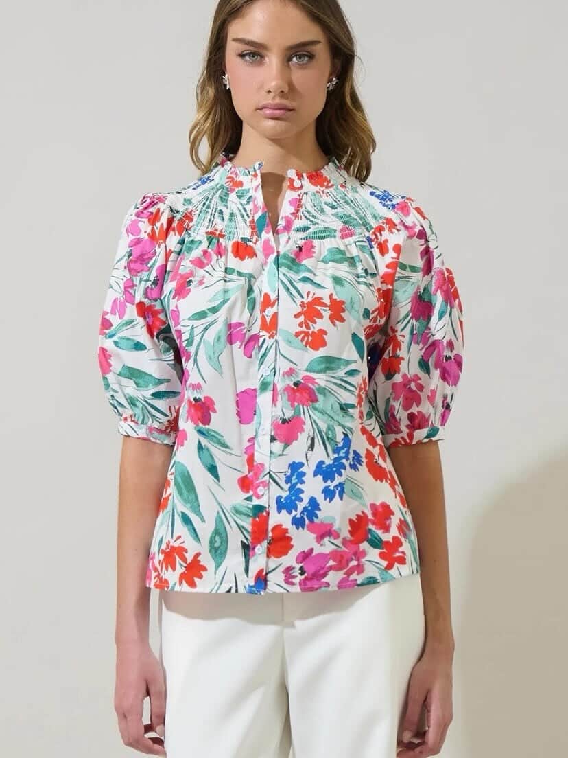 Blossom Smocked Mock Neck Top