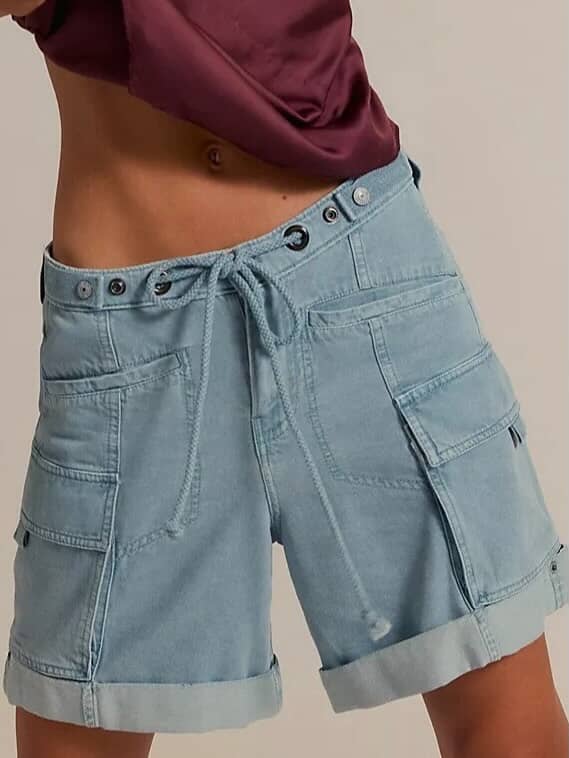 Ladies Pocket Drawstring Elastic Waist Rolled Shorts