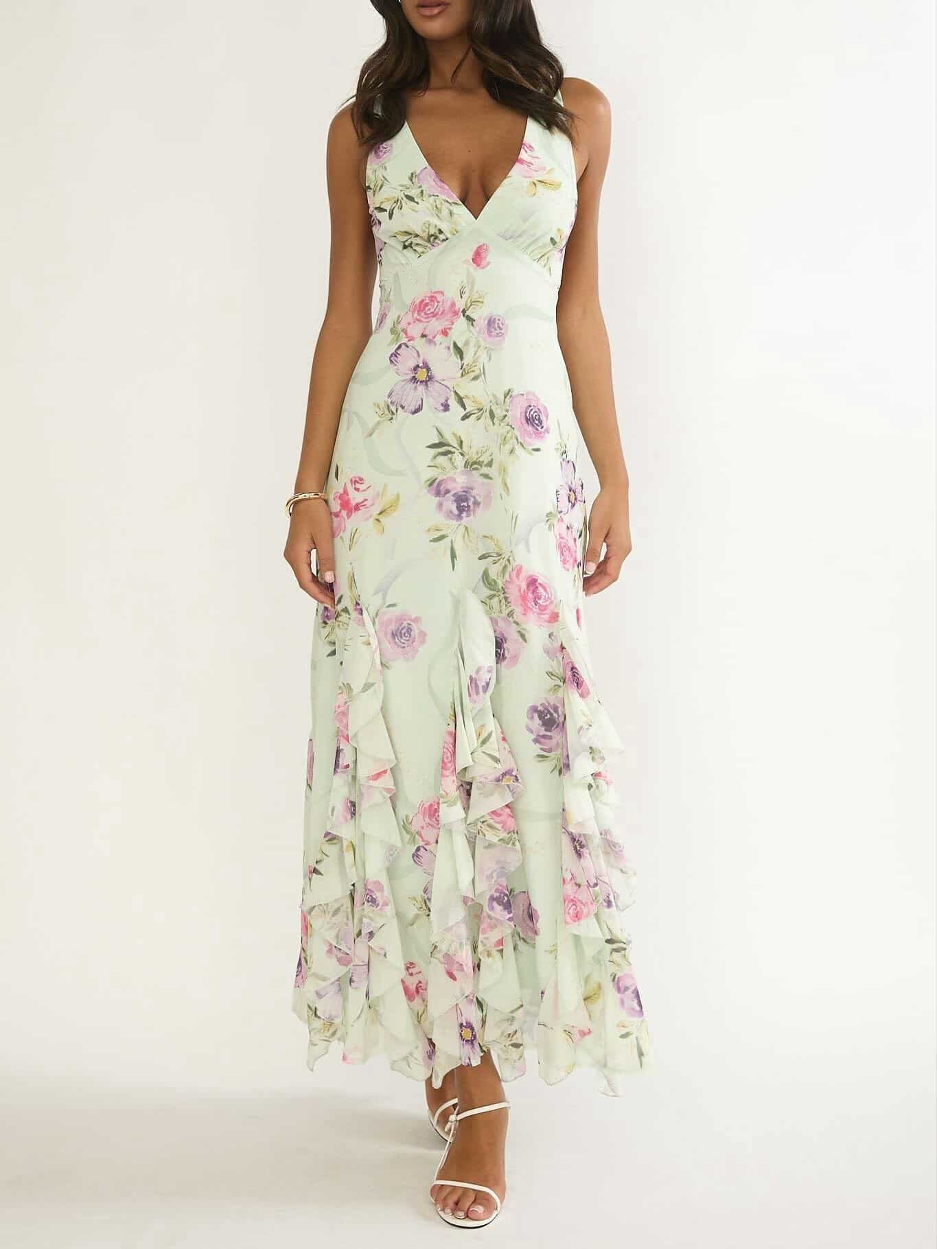 Elenya Strappy Back Ruffle Trim Maxi Dress Mint Floral