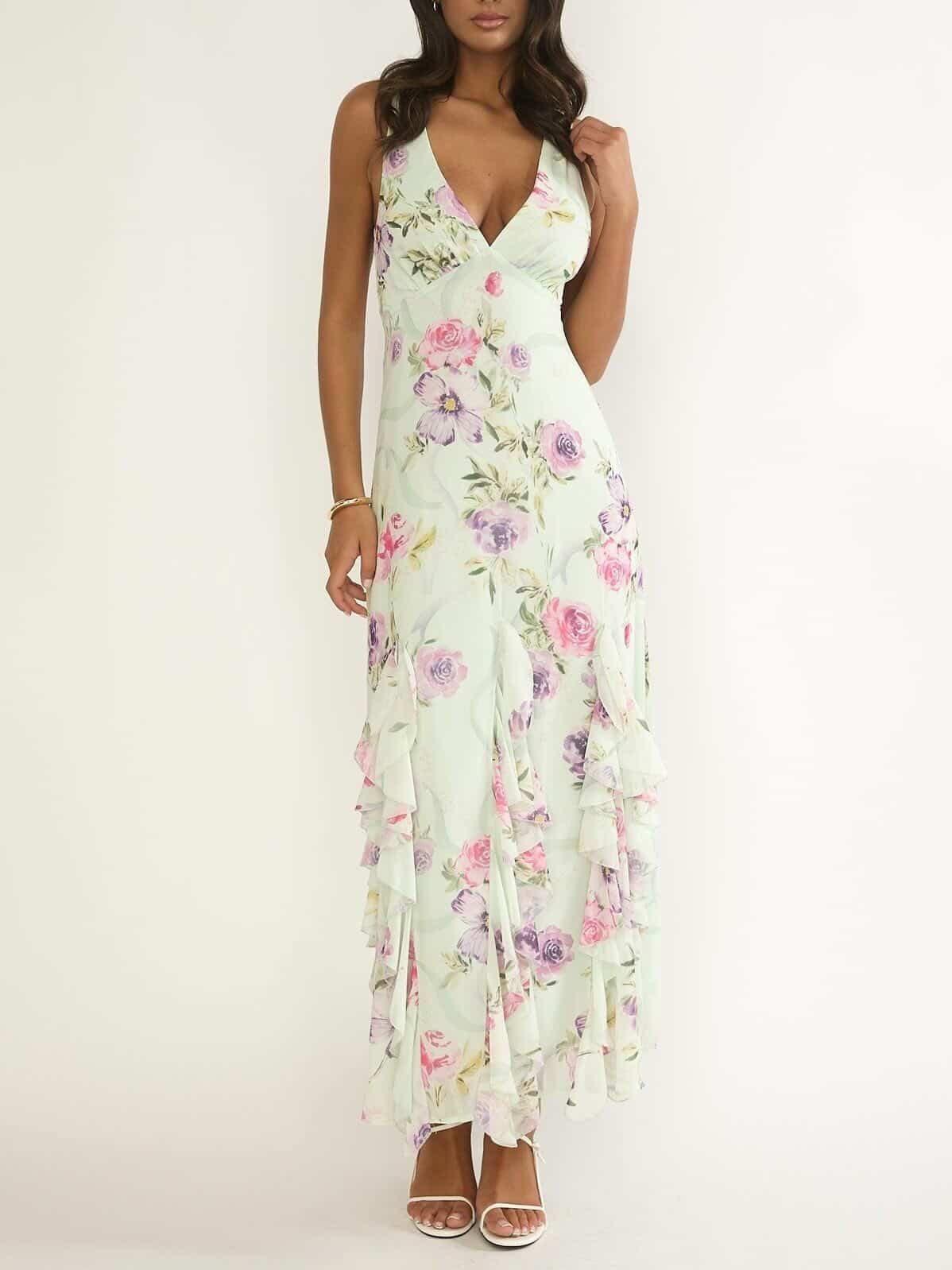 Elenya Strappy Back Ruffle Trim Maxi Dress Mint Floral - Image 2