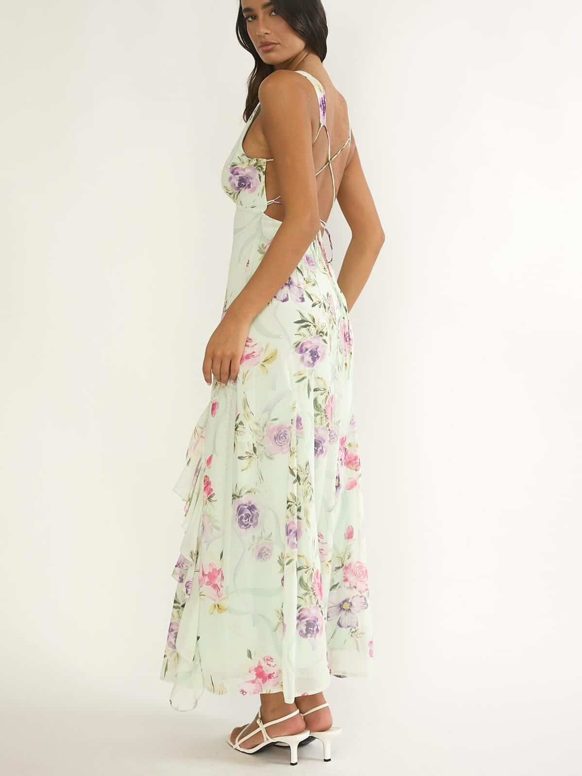 Elenya Strappy Back Ruffle Trim Maxi Dress Mint Floral - Image 3