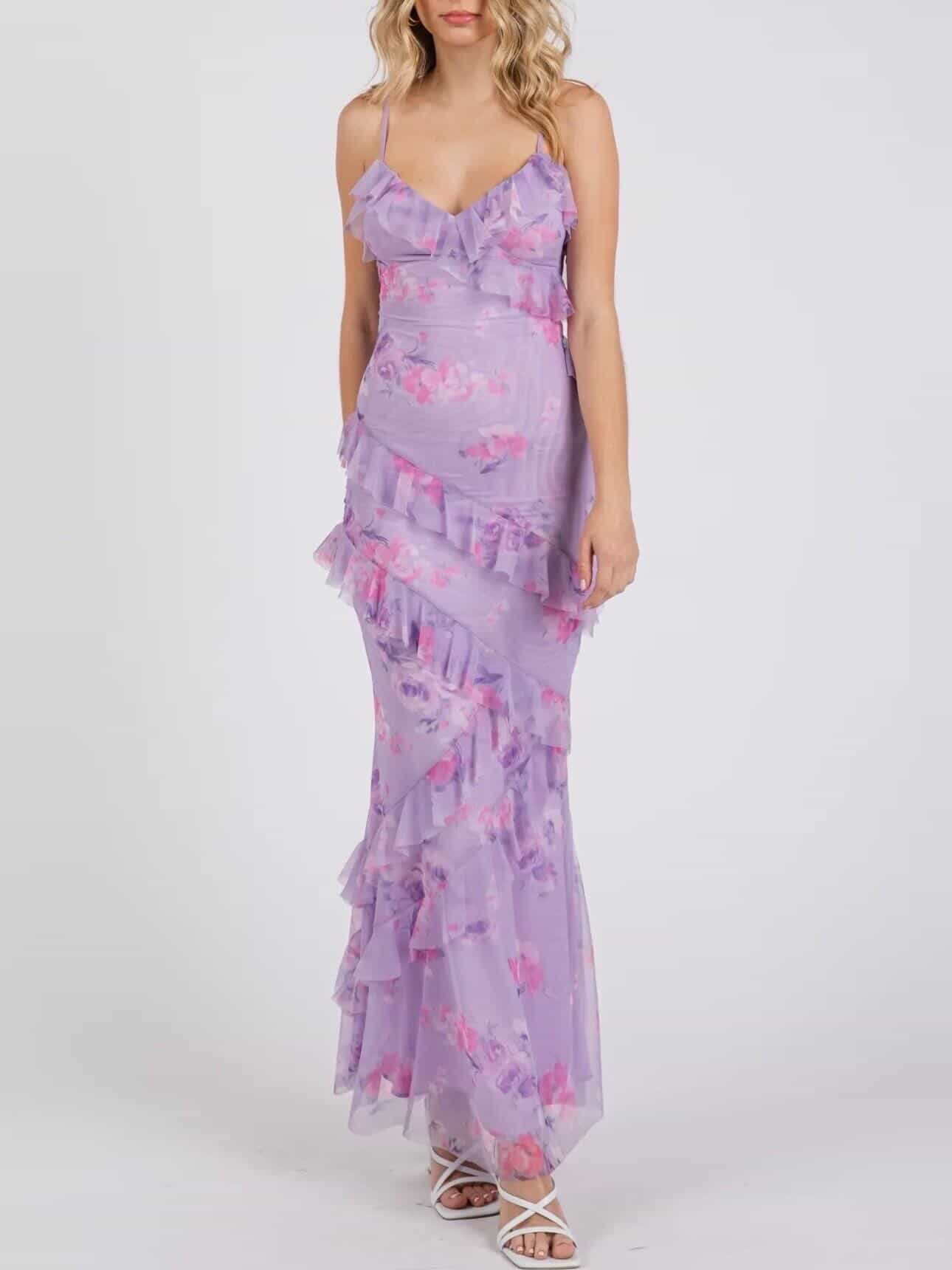 Mesh Floral Print Ruffled Maxi Dress
