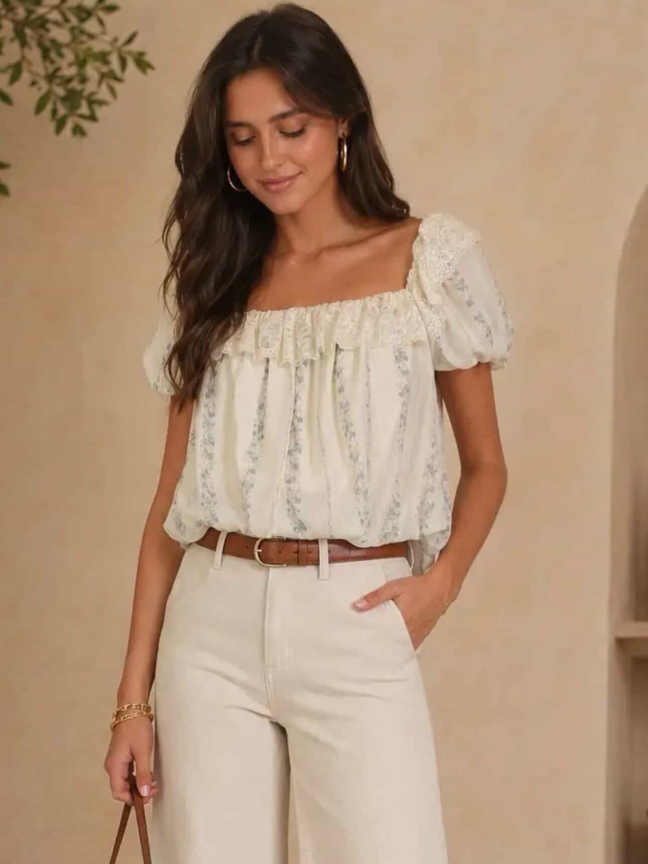 Lace Trim Floral Puff Sleeve Blouse