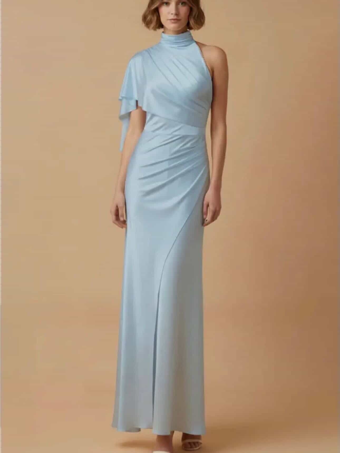 One Shoulder Satin Jersey Maxi Dress